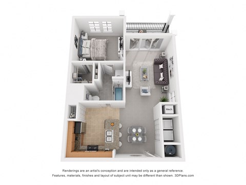 Floor plan for 1 bed, 1 bath, 657 sqft